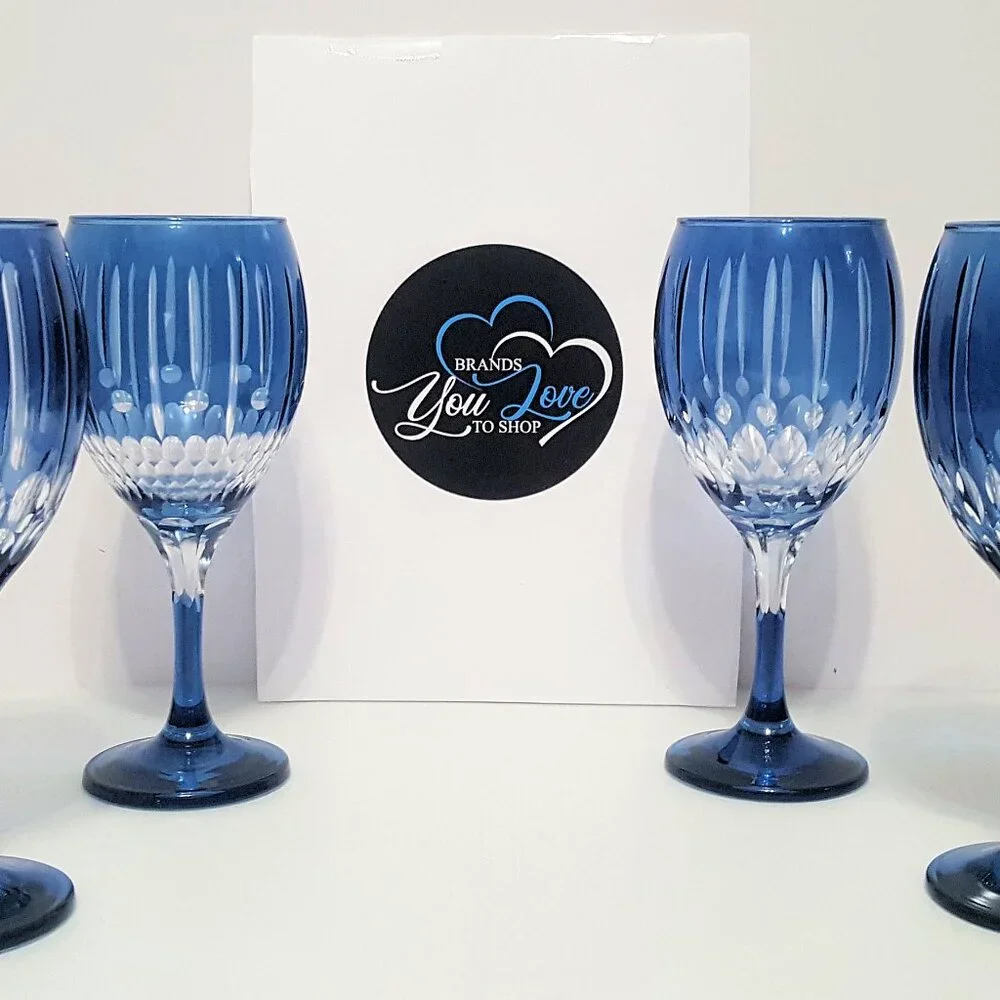 NEW RARE Williams Sonoma S/4 Blue Wilshire Jewel Cut Wine Glasses 15.5 OZ NIB